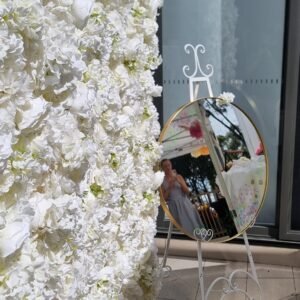 Round GOLD border welcome mirror with decal and easel